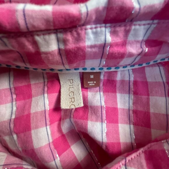 Pilcro Womens Pink & White Gingham Plaid Button-Up Shirt Medium Long Sleeve Top - Picture 3 of 7